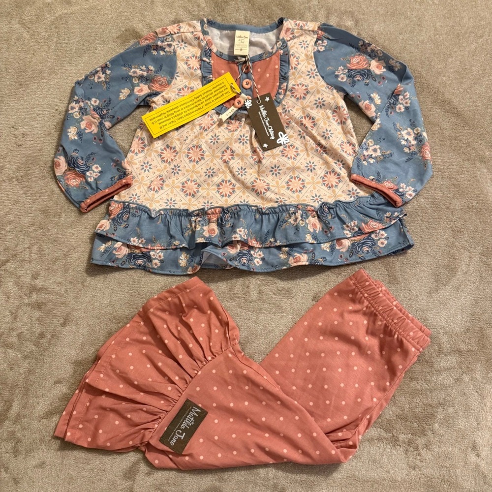 Matilda Jane Girls Imagine Celina Big Ruffle Pajamas Set Floral Polka Dot Size 4